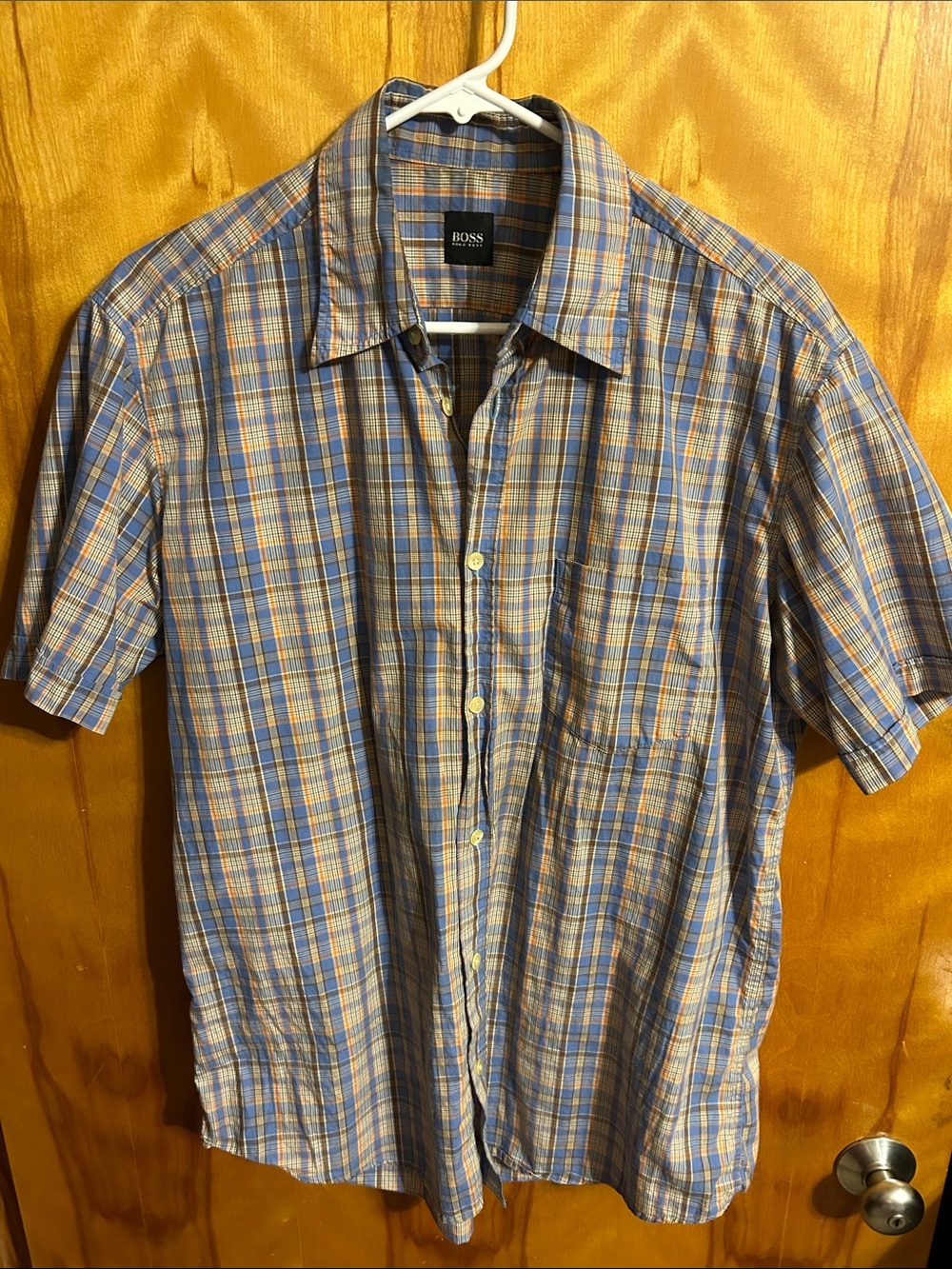 BOSS Blue and Tan Plaid Short-Sleeve Button-Down Shirt